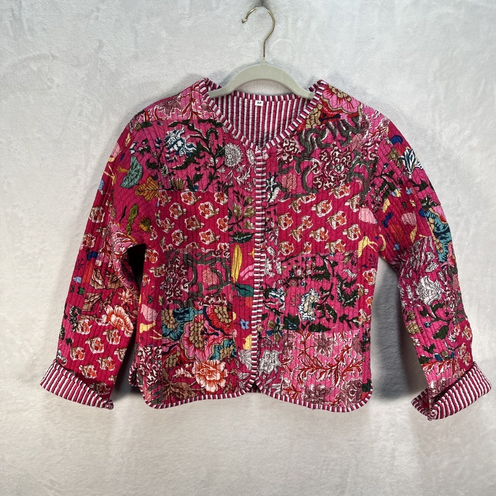 Kantha Quilted Indian Floral Jacket Womens Medium Button Front Pink Garden